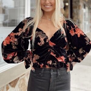 Dark Floral Velvet Burnout Blouse Womens Medium Balloon Sleeve Crop Whimsigoth